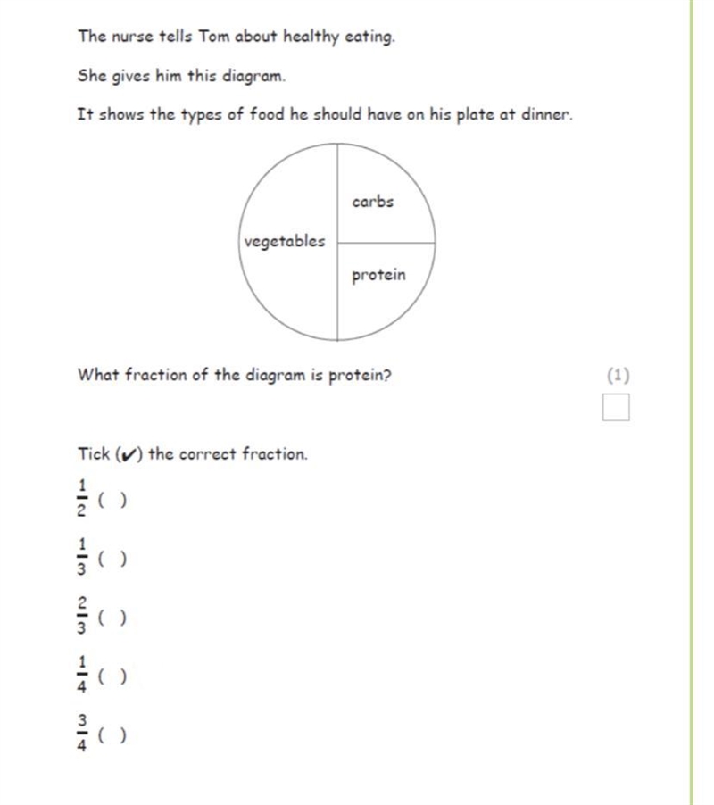 The nurse tells Tom about healthy eating. She gives him this diagram. It shows the-example-1