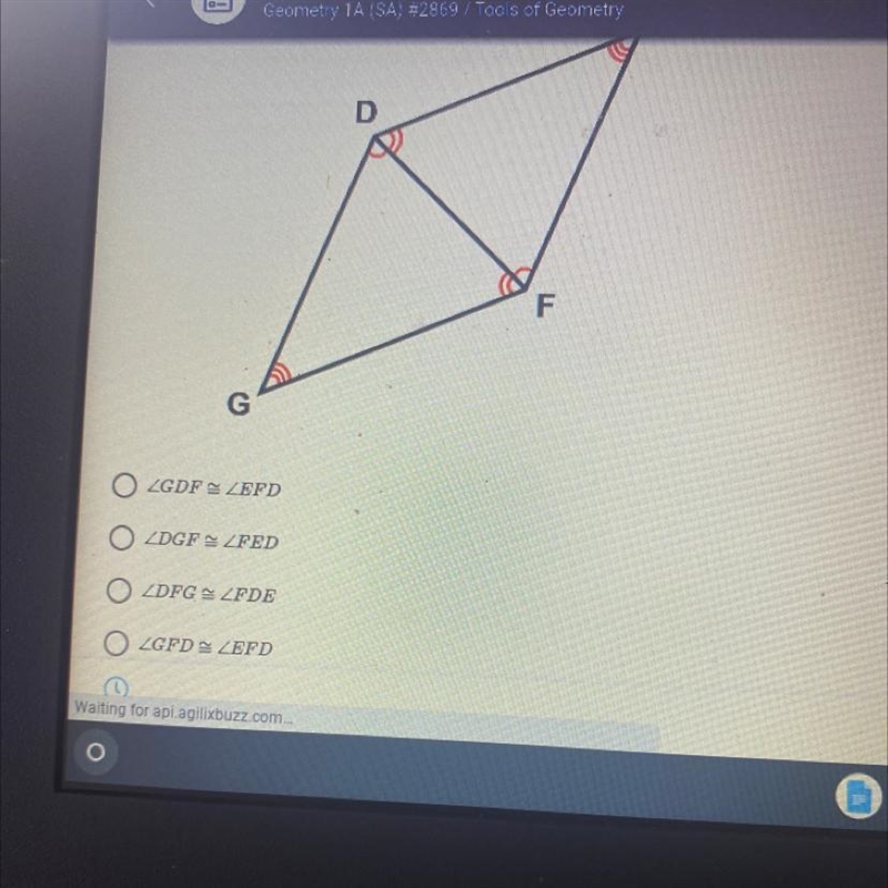 Which Is not a pair of congruent angled in the diagram-example-1