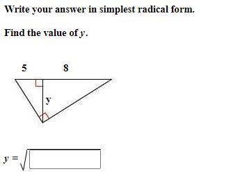 Write your answer in simplest radical form. Find the value of y.-example-1