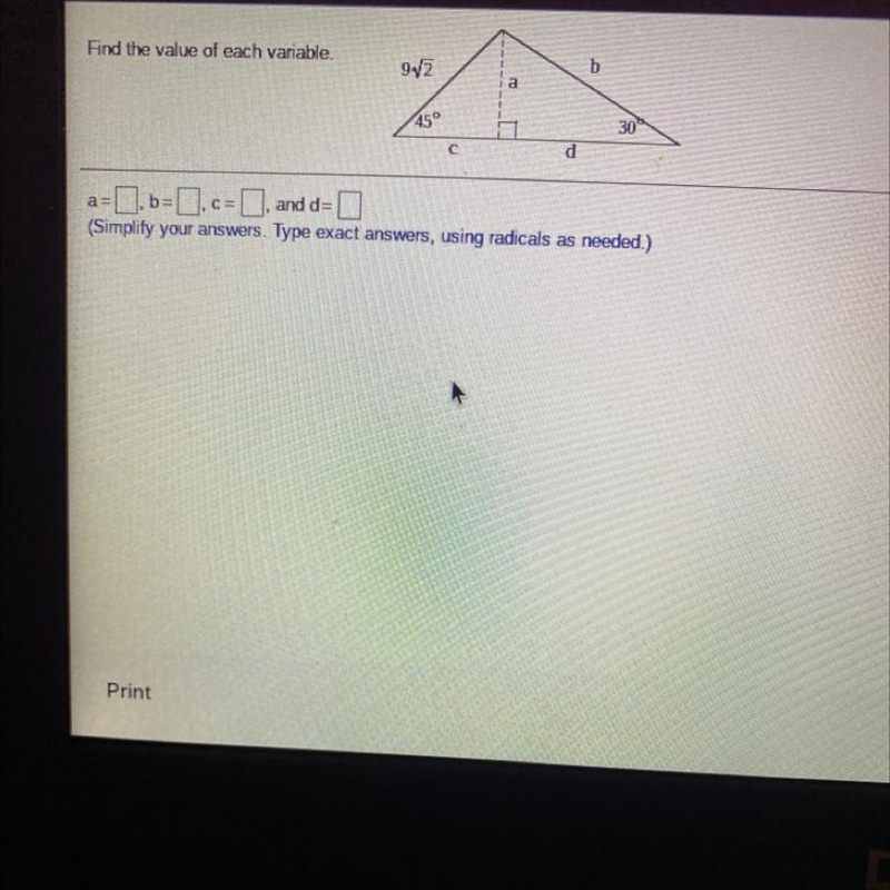 Find the value of each variable. a = ??? b = ??? c = ??? d = ??? simplify your answers-example-1