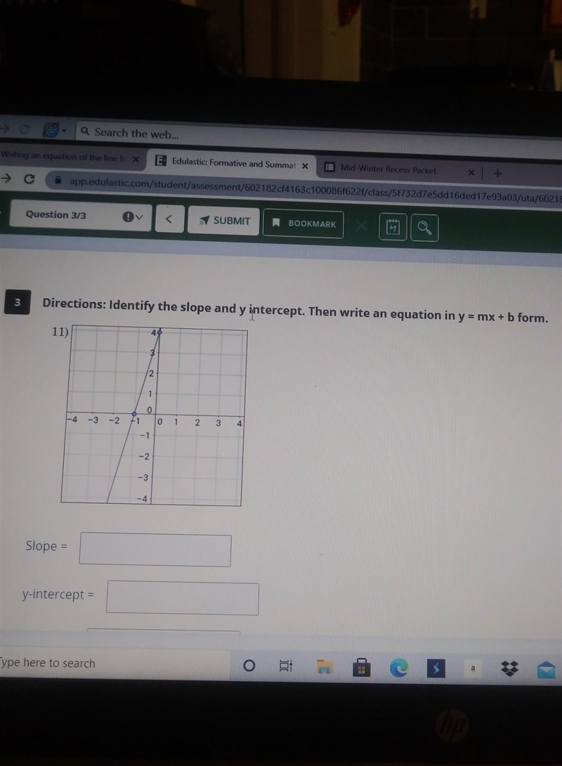 Directions: Identify the slope and y intercept. Then write an equation in y = mx + b-example-1