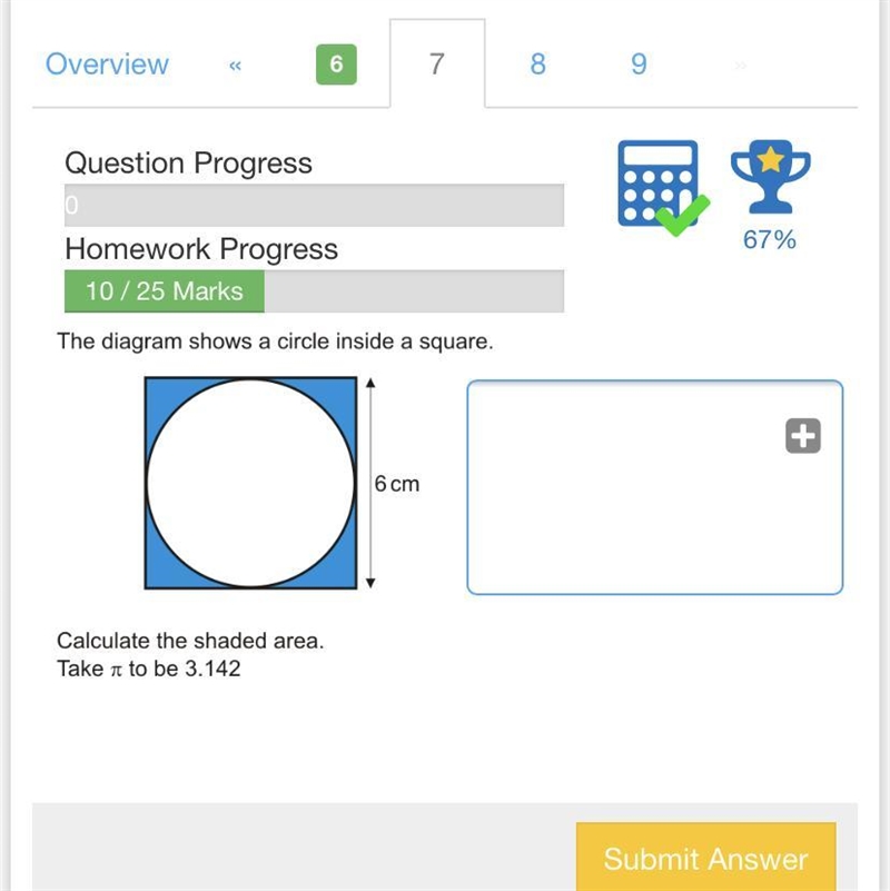 The diagram shows a circle inside a Square C 16cm Calculate the shaald area. Take-example-1