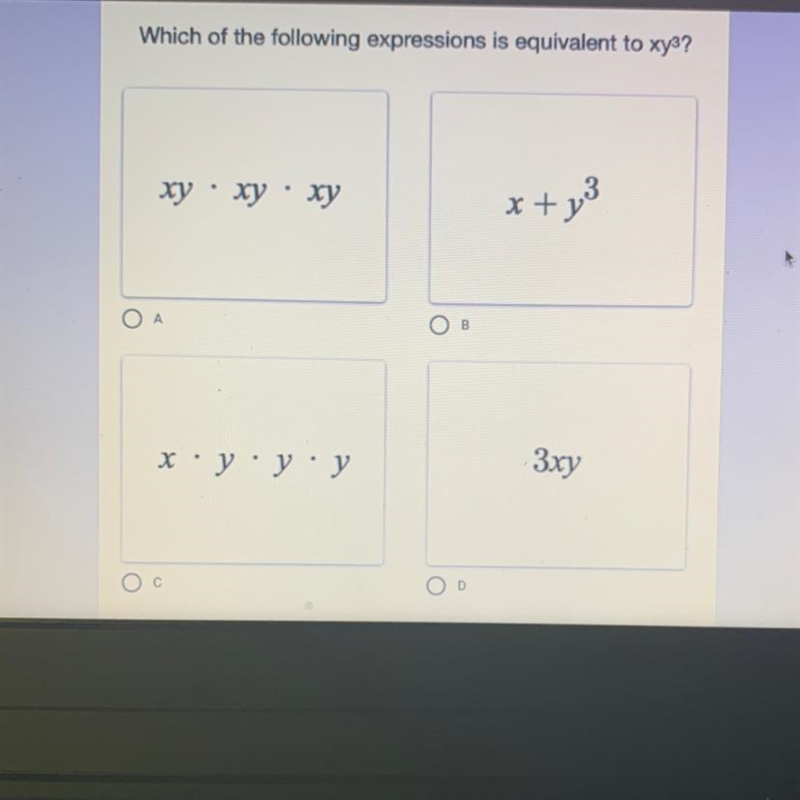 Which of the following expressions is equivalent to xy^3? (options in the pic)-example-1