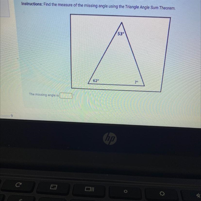 Find the measure of the missing angle using the triangle angle sum theorm.-example-1