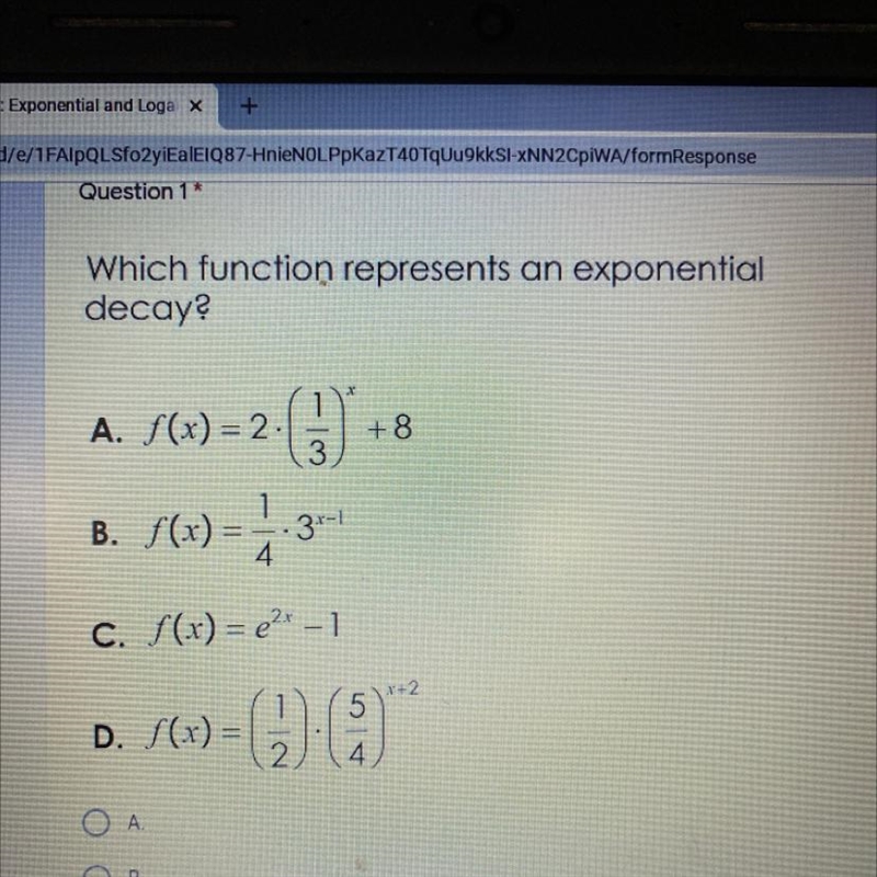 Which function represents an exponential decay? A. S(x) = 2 © + 8 B. f(x) = -3-1 4 C-example-1