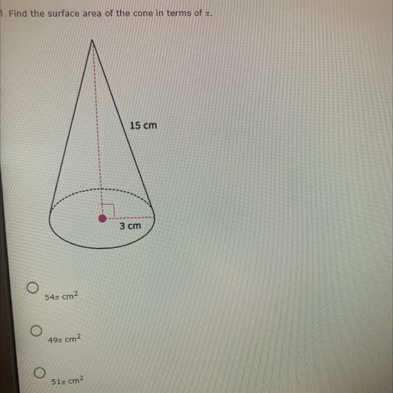 PLEASEEE HELP !!! asap Find the surface area of the cone in terms of x. 54 cm2 49 cm-example-1