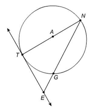 Line ET is tangent to circle A at T, and the measure of arc TG is 46°. What is the-example-1