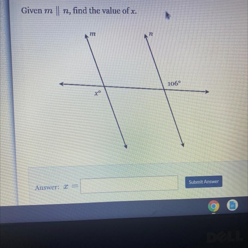 Given m 11 n, find the value of x. m n 106° o-example-1