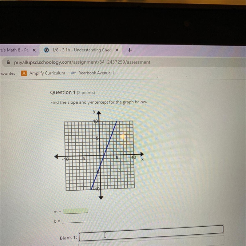 Question 1 (2 points) Find the slope and y-intercept for the graph below. m b-example-1