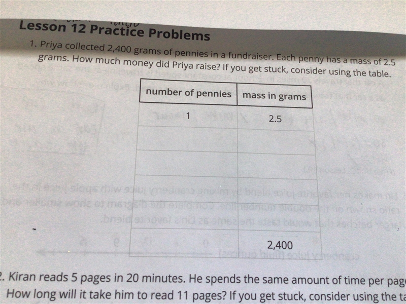 Priya collected 2,400 grams of pennies in a fundraiser. Each penny has a mass of 2.5 grams-example-1