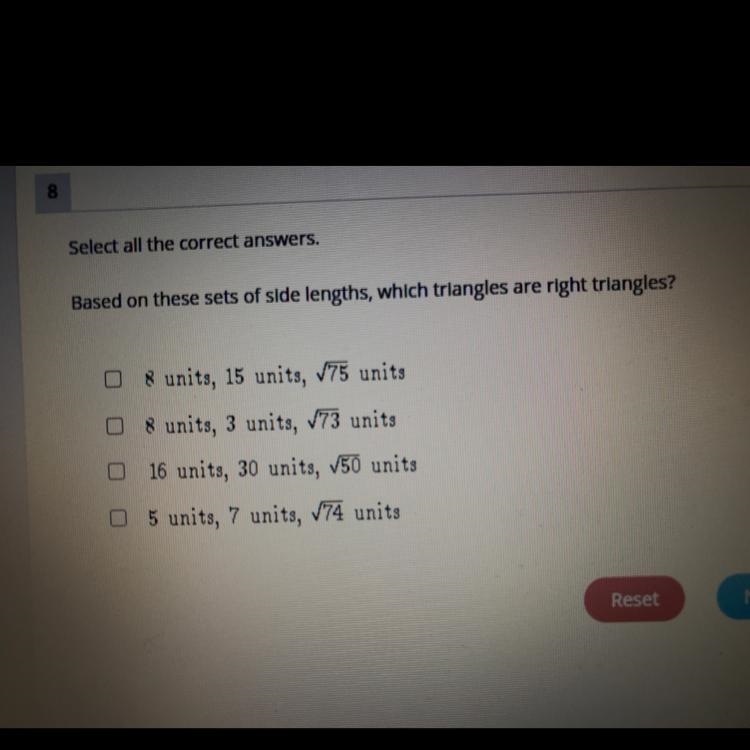 Select all the correct answers. Based on these sets of side lengths, which triangles-example-1