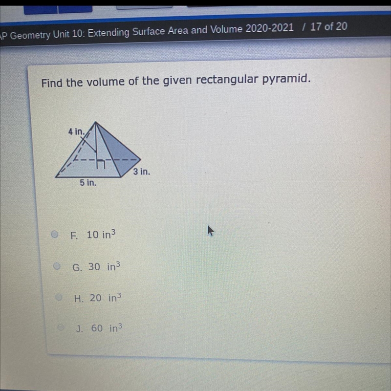 Find the volume of the given rectangular pyramid.-example-1