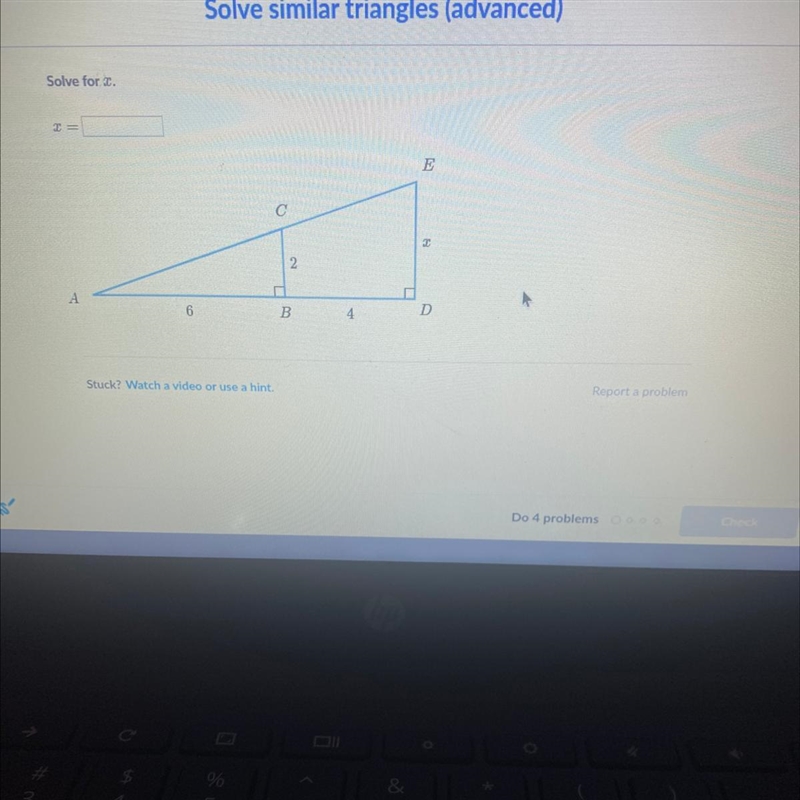 Solve Similar Triangles (advanced) Solve for X.-example-1