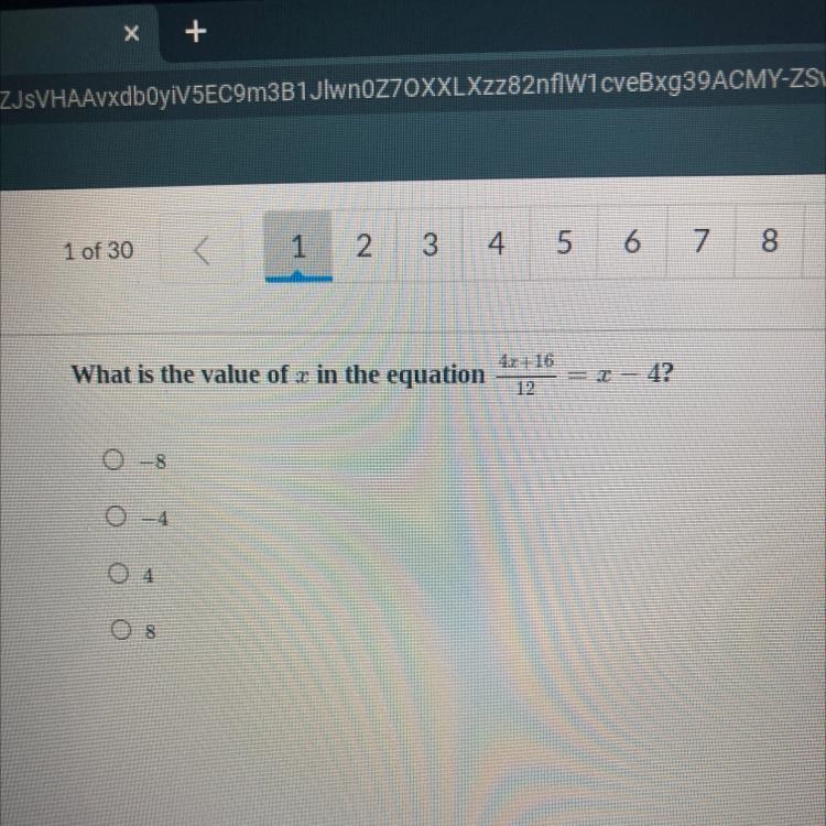 What is the value of x in the equation 4z +16 12 = х - 4?-example-1