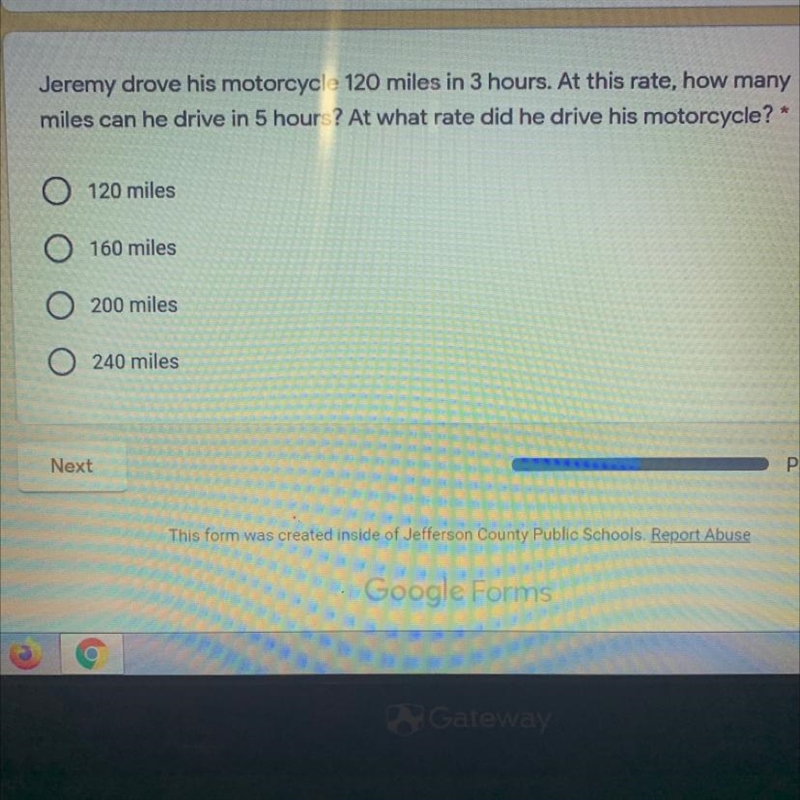 Jeremy drove his motorcycle 120 miles in 3 hours. At this rate, how many miles can-example-1