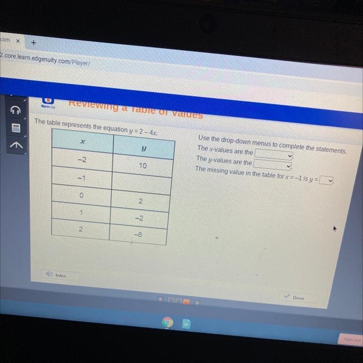 The table represents the equation y = 2 - 4x. C OF y Use the drop-down menus to complete-example-1