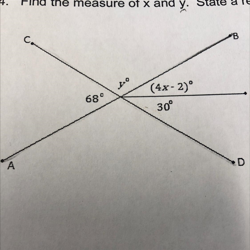 Find the measure of x and y. State a reason for your solution.-example-1