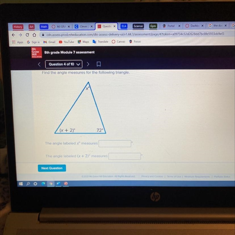 Find the angle measures for the following triangle. (x + 2)° 72° The angle labeled-example-1