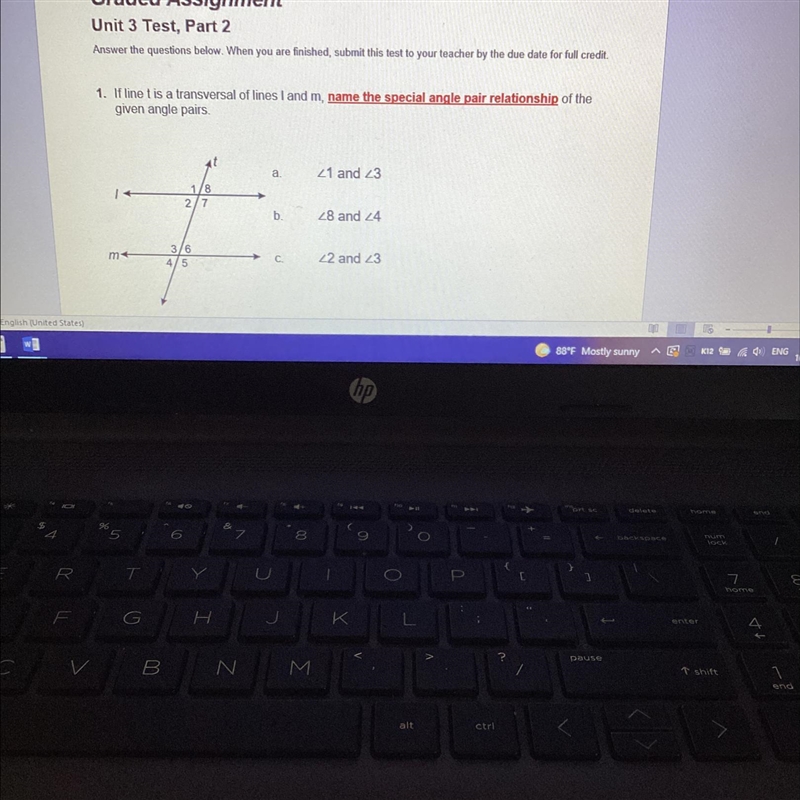 If line t is a transversal of lines I and m, name the special angle pair relationship-example-1