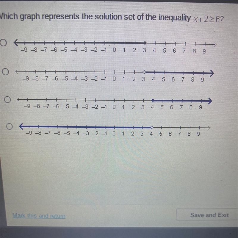 B3BB Which graph represents the solution set of the inequality x+226? 986 08 4 9 S-example-1