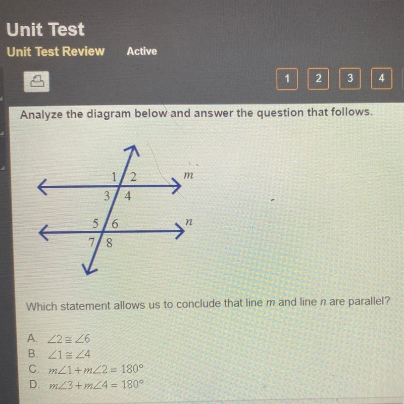 Which statement allows us to conclude that line m and line n are parallel?-example-1