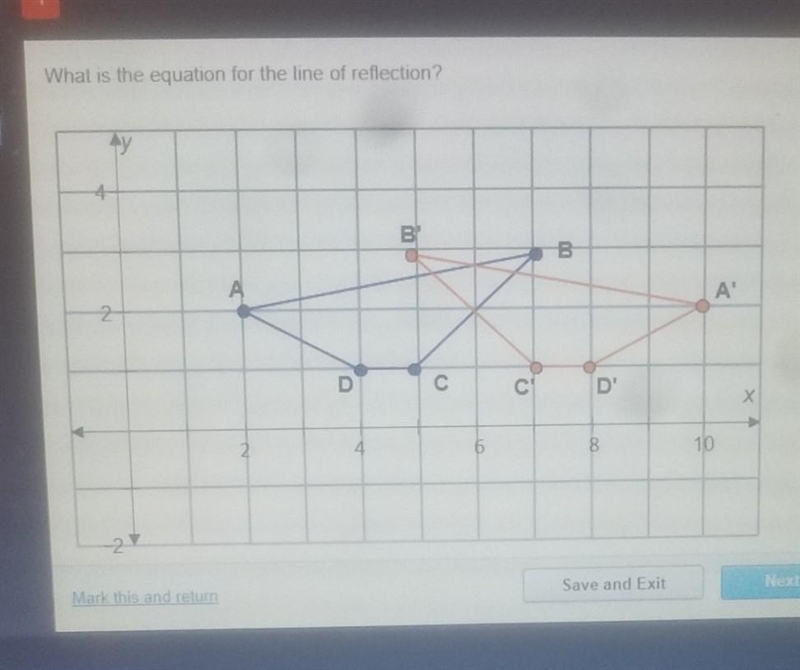 What is the equation for the line of reflection? A. x=6 B. y=6 C. y=x D. y=2​-example-1