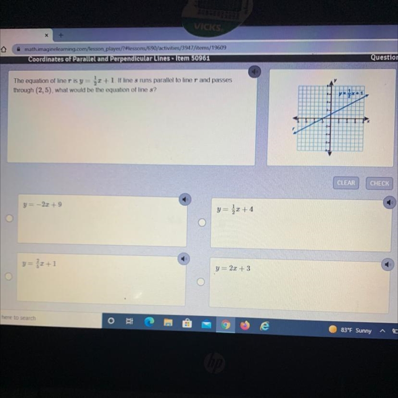 The equation of line r is y = 1/2 * x + 1 line runs parallel to line r and passes-example-1