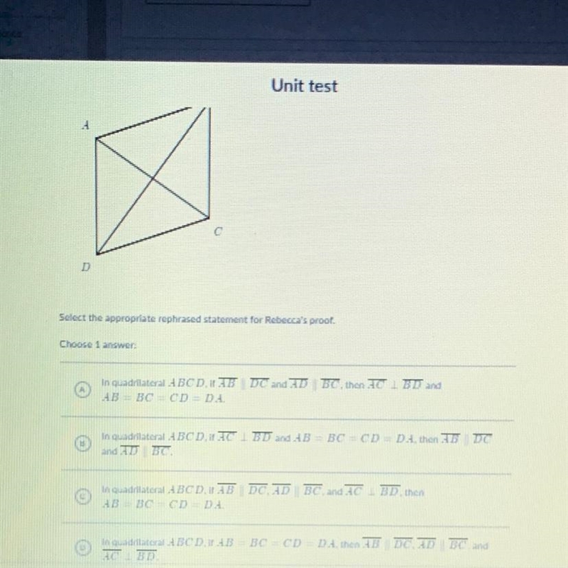 Rebecca wants to prove that if the diagonals in parallelogram are perpendicular, then-example-1