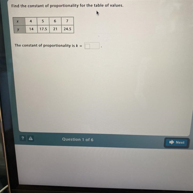 Find the constant of proportionality for the table of values. х 4 5 6 7 у 14 17.5 21 24.5 The-example-1