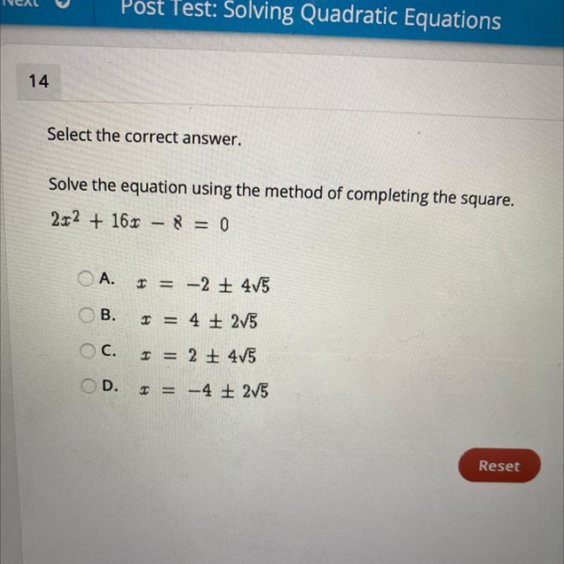 Select the correct answer. Solve the equation using the method of completing the square-example-1