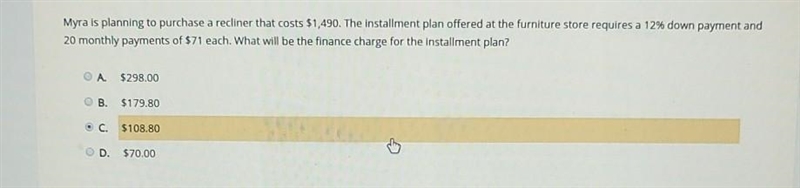 HELPP PLS Myra is planning to purchase a recliner that costs $1,490. The installment-example-1