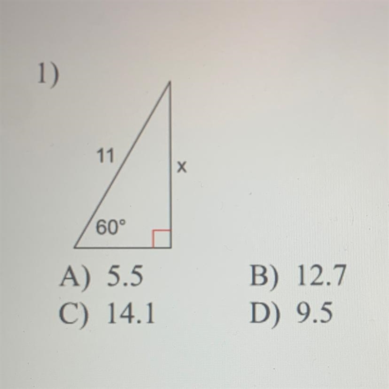 Find the missing side of the triangle. Round to the nearest tenth. A) 5.5 C) 14.1 B-example-1