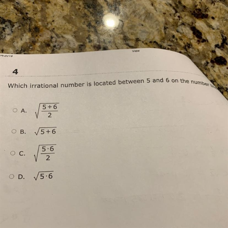 4 Which irrational number is located between 5 and 6 on the number line? O A. 5+6 2. O-example-1