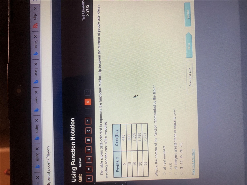 What is the domain of the fuction represented by the table-example-1