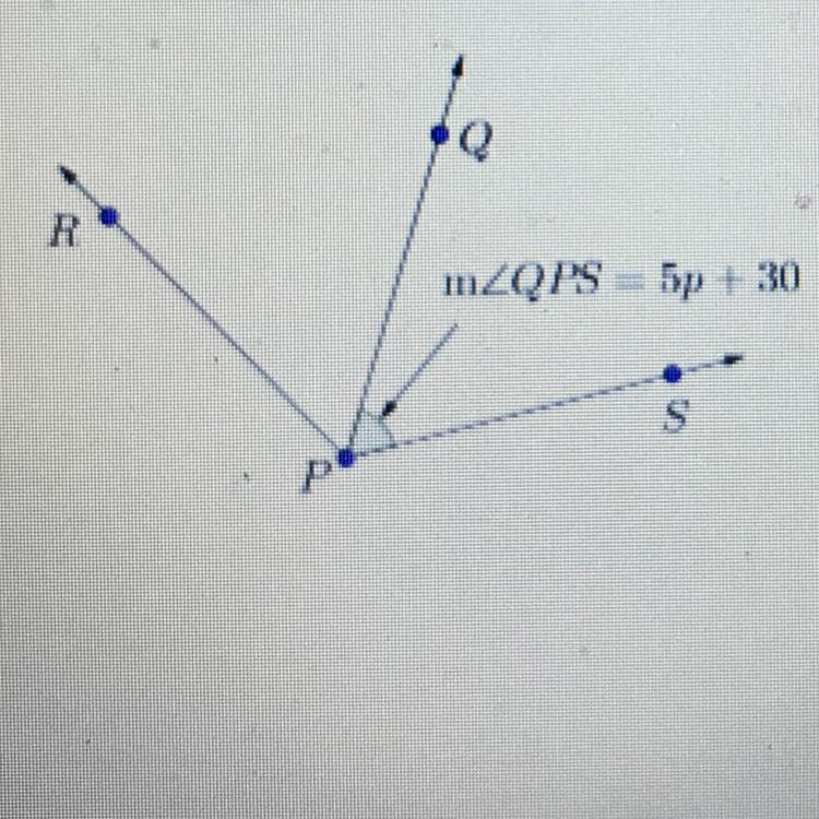 If PQ bisects Angle RPS and measure of angle RPS = 120°, find p and measure of angle-example-1