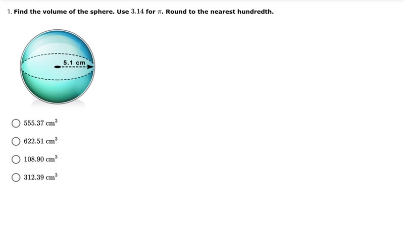 Find the volume of the sphere. Use 3.14 for π. Round to the nearest hundredth.-example-1