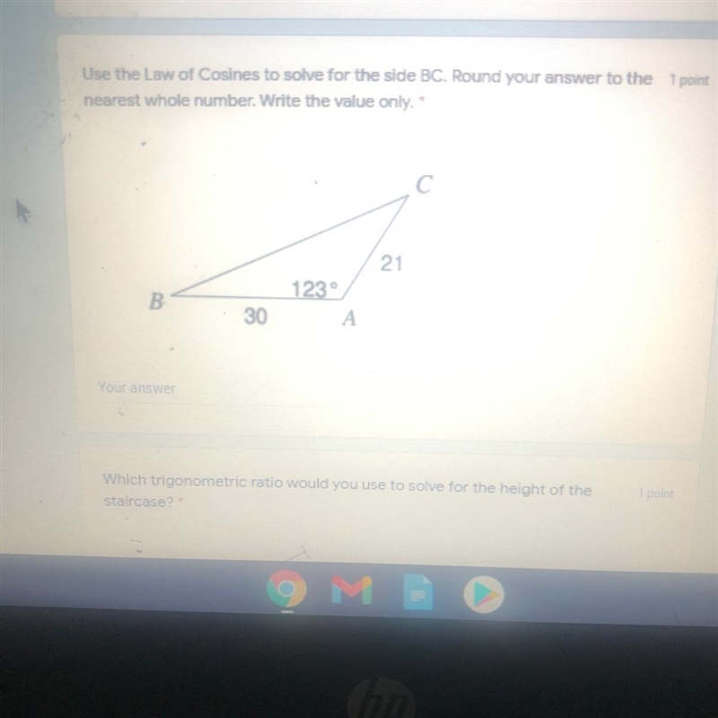 Use the Law of Cosines to solve for the side BC. Round your answer to the point nearest-example-1