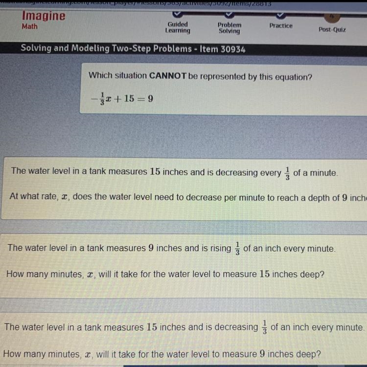 Which situation CANNOT be represented by this equation? - 1x + 15 = 9-example-1