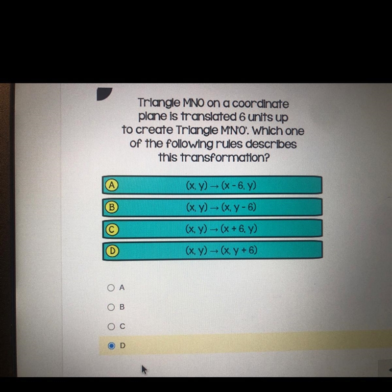 Triangle MNO on a coordinate plane is translated 6 units up to create triangle M' N-example-1