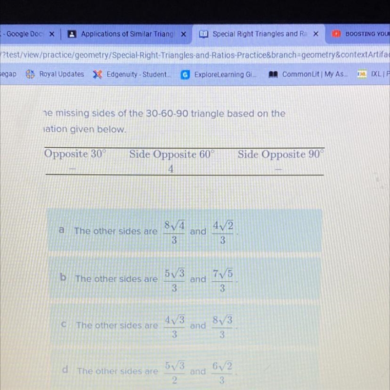 Find the missing sides of the 30-60-90 triangle based on the information given below-example-1