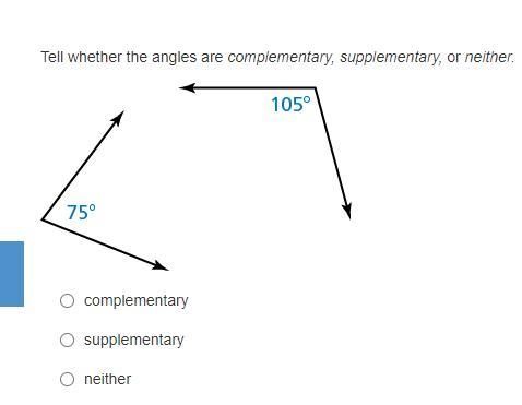 Tell whether the angles are complementary, supplementary, or neither.-example-1