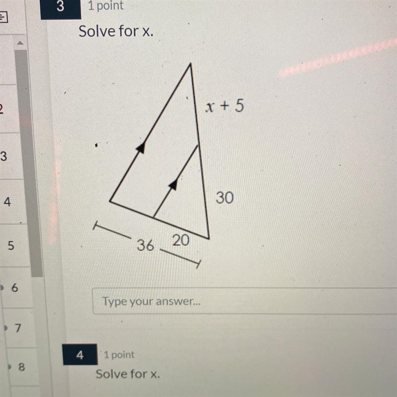 Solve for x. x + 5 30 36 20-example-1