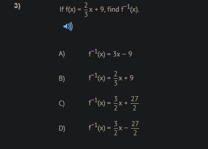 If f(x) = 2/3x + 9, find f^-1(x)-example-1