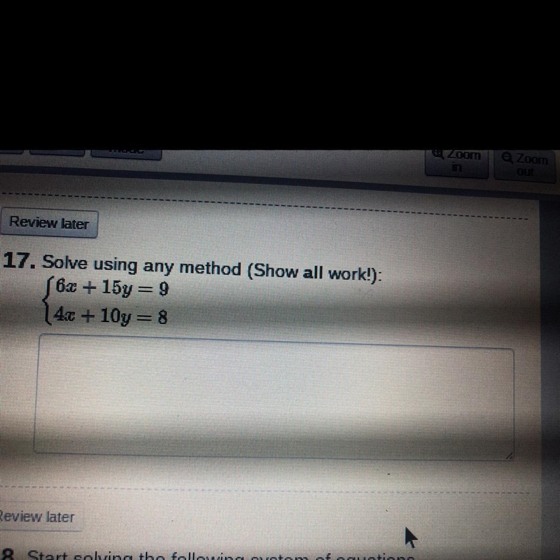 Solve using any method 6x+15y=9 4x+10y=8-example-1