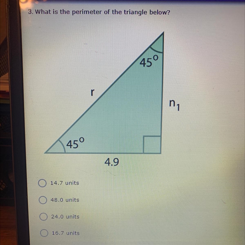 What is the perimeter of the triangle below? a. 14.7 units b. 48 units c. 24 units-example-1