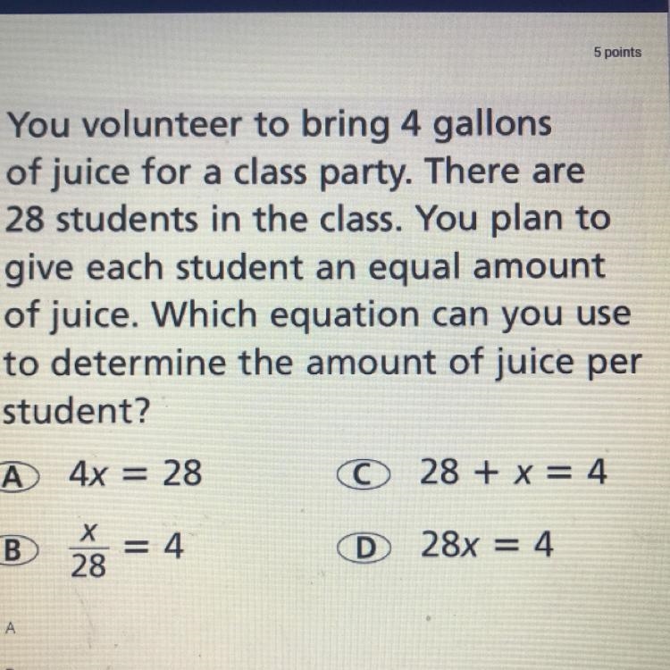 You volunteer to bring 4 gallons of juice for a class party. There are 28 students-example-1