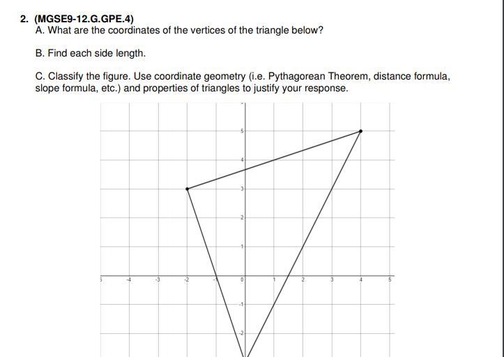 A. What are the coordinates of the vertices of the triangle below? B. Find each side-example-1