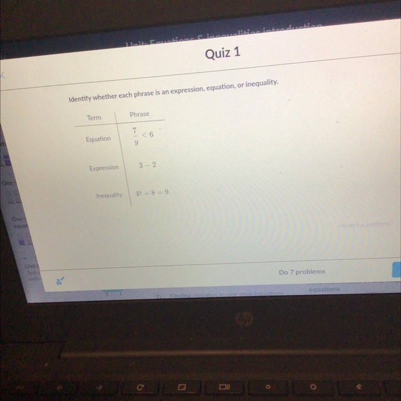 Identify whether each phrase is an expression, equation or inequality.-example-1