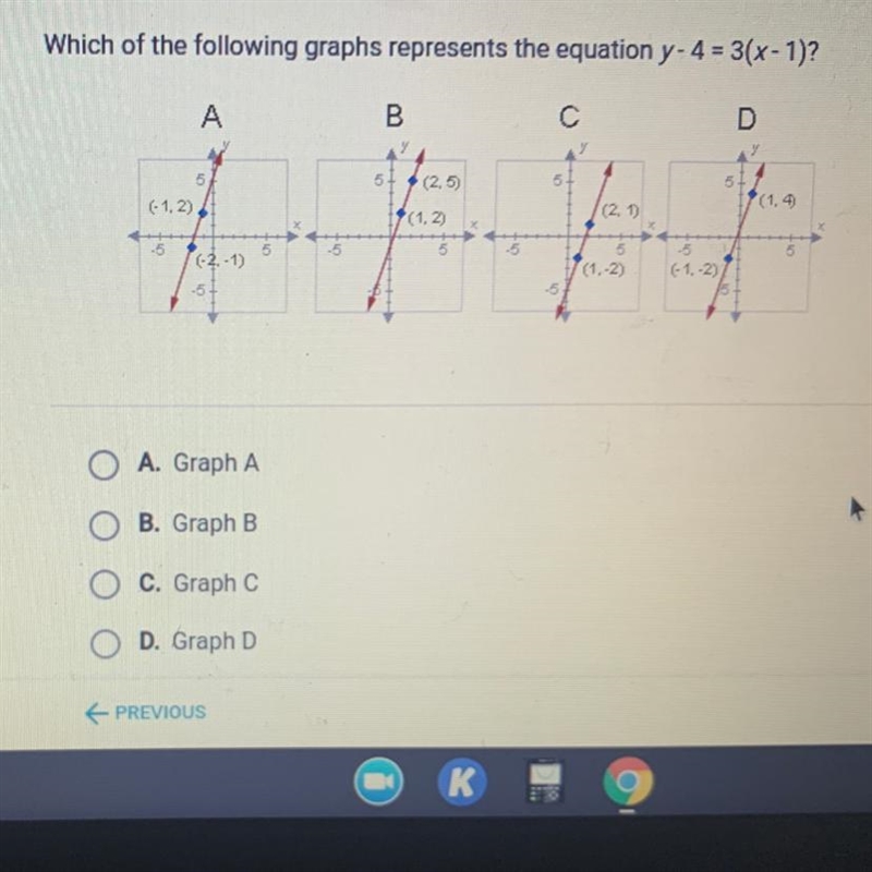 Which of the following graphs represents the equation y- 4 =3(x-1) A. Graph A. B. Graph-example-1