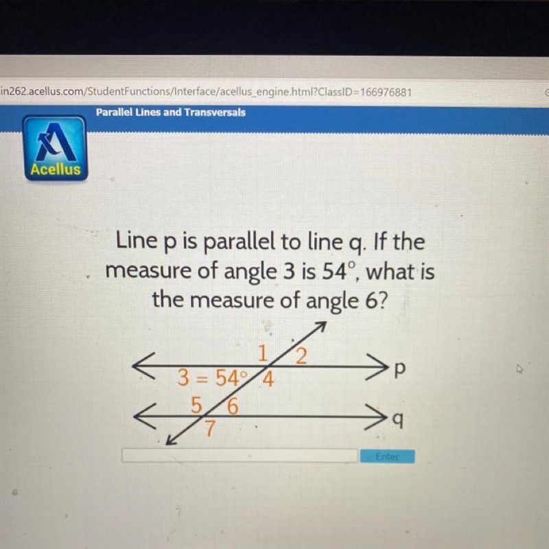 Line p is parallel to line q. If the measure of angle 3 is 54°, what is the measure-example-1